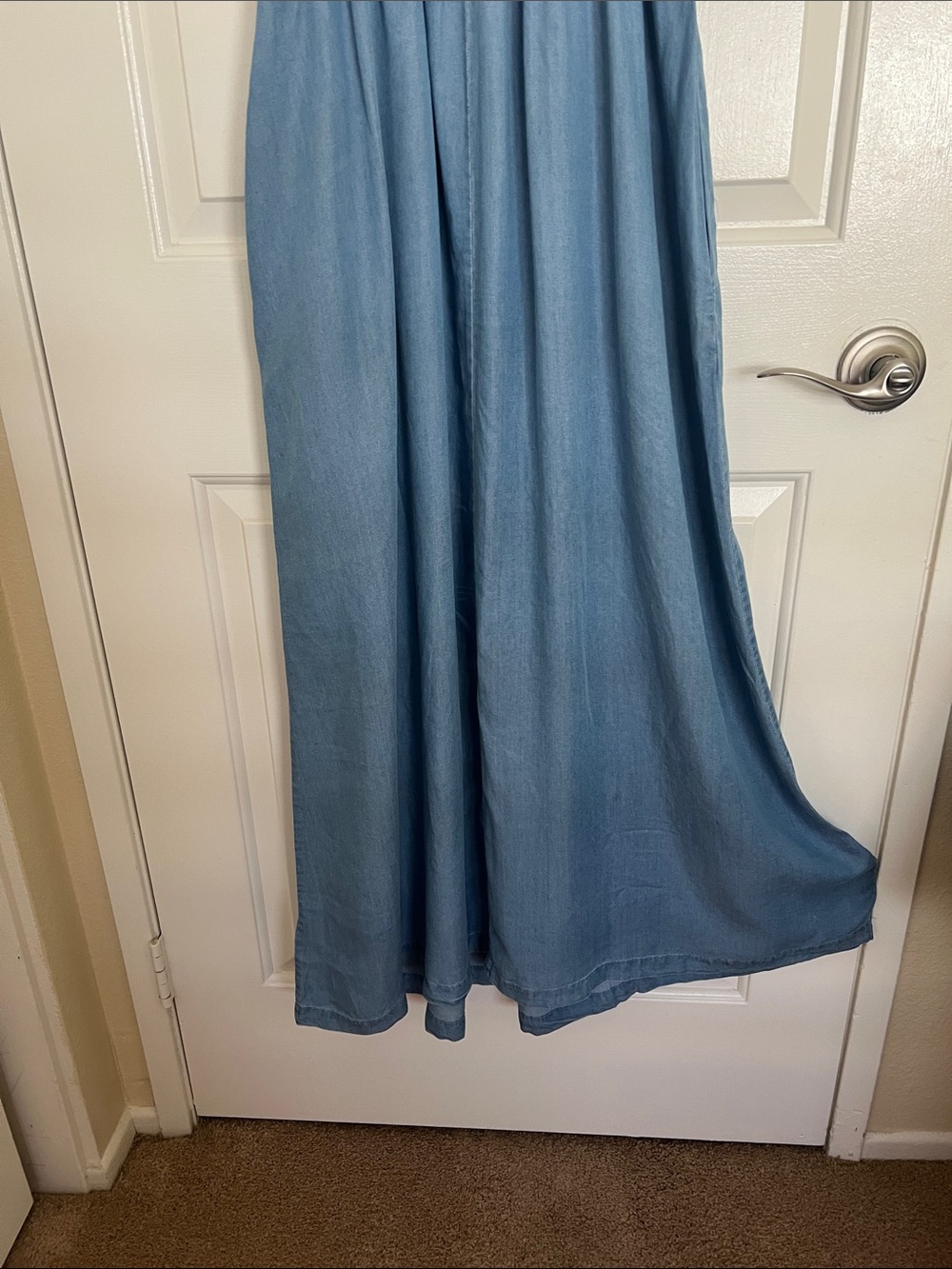 Motherhood Maternity Blue Chambray Maxi Skirt Dress with Ruffle Straps - Picture 8 of 13